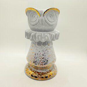 Anthropologie Stoneware Owl Chess Piece Vase Grey with Gold Accents Figural 7"